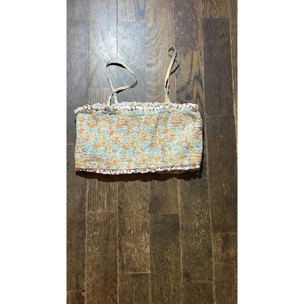 American Eagle Smocked Bandeau Tube Top Womens Medium Floral Lettuce Trim